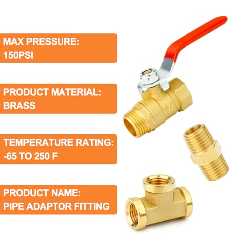Image of GASHER 6PCS 1 /2 Inch NPT Brass Pipe Fitting, Ball Valve, Barstock Tee Brass Pipe Fitting and Air Hose Fitings