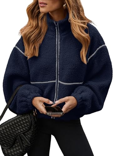 Image of Dokotoo Womens Sherpa Jacket Casual Lapel Full Zip Fleece Coats with Pockets Open Front Fuzzy Winter Cardigan Long Sleeve Lapel Sherpa Crop Blue Outerwear Small