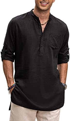 COOFANDY Men's Linen Henley Shirts Long Sleeve Collarless T-Shirts Longline Kurta Beach Shirts with Pocket