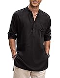 COOFANDY Men's Casual Black Linen Shirts Long Sleeve Collarless Henley Shirts Casual Kurta Shirts Tunics