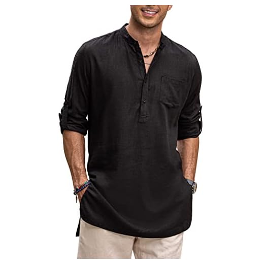 COOFANDY Men's Casual Black Linen Shirts Long Sleeve Loose Fit Henley Shirts Solid Summer Beach Tops Tunics for Men