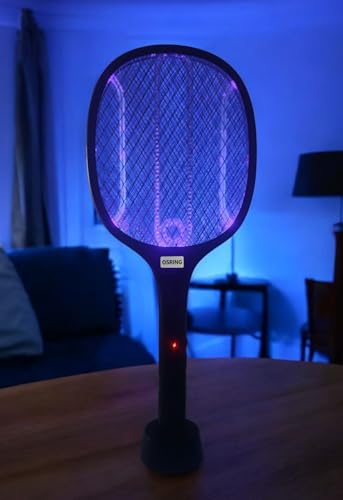 Image of osring 2 in 1 UV Light Mosquito Bat Racket Electric Fly Swatter with Base Stand, Lithium Battery, USB Type-C Charging, Black, Made in India