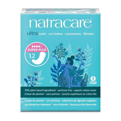Natracare Slim Fitting Ultra Pads Without Wings, Super Plus, Made with Certified Organic Cotton, Ecologically Certified Cellulose Pulp and Plant Starch (1 Pack, 12 Pads Total)