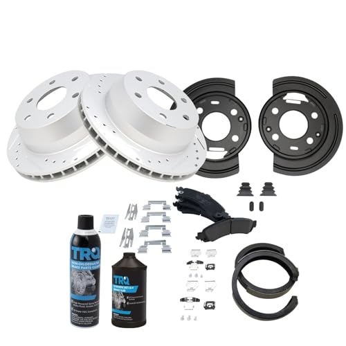 Image of TRQ Performance Rear Brake Pad & Rotor Kit Premium G-Coated Ceramic Slotted X Drilled Compatible with 02-03 Cadillac 02-06 Chevrolet GMC