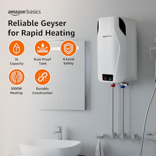 Image of Amazon Basics 3L Instant Water Heater | 3KW | Geyser with PP Body & SS Tank | Corded Electric | Rust Proof | 4 Level Safety | White