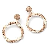 Boho Raffia Hoop Dangle Earrings Twisted - Statement Rattan Round Geometric Earrings For Summer Beach Vacation (BROWN)