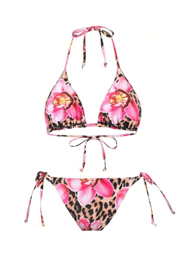 SHENHE Women's 3 Piece Cheetah Bikini Set Floral Triangle Halter String Swimsuits with Cove Up4
