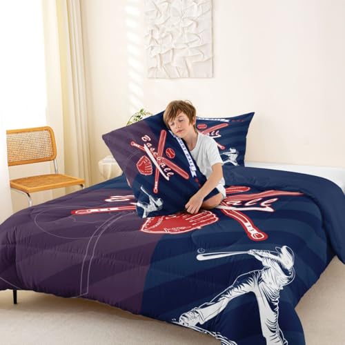 Image of Feelyou Boys Baseball Theme Comforter Set Toddler Size Baseball Player Bedding Set for Kids Boys Girls Sport Ball Duvet Quilt Navy Blue Bedroom Decor 2 Pcs with 1 Pillow Cases