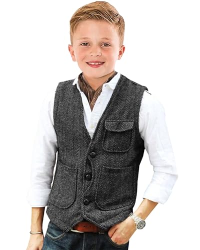 Image of Retro Boys Tweed Vest for Kids Formal Dress Herringbone Suit Vest for Toddler Boy Wedding Waistcoat