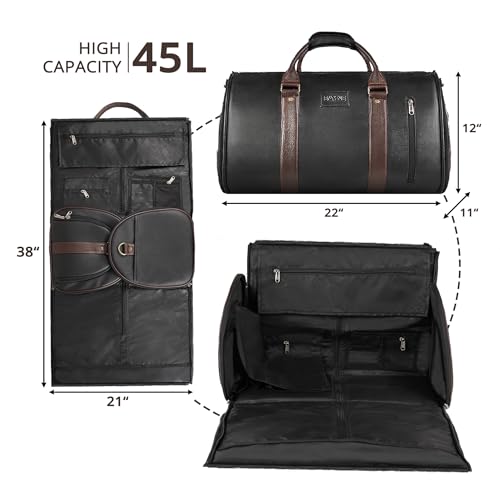Image of Bayne Convertible Large Size Garment Duffel Bag for Travel, Carry on Garment Duffel Bag for Men and Women - 2 in 1 Hanging Suitcase Suit Travel Bag (Faux Leather, Black)