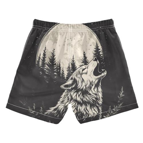 DOMIKING Wolf Moon Black Toddler Boys' Swim Trunks Mesh Lining Swim Shorts for Child Boys Adjustable Waist 2T2