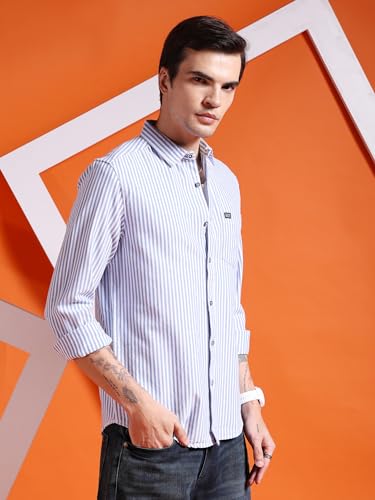 Image of The Indian Garage Co Men Slim Fit Striped Full Sleeves Cutaway Collar Casual Shirt
