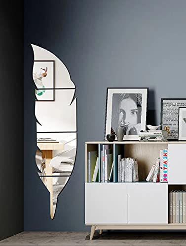 Image of Bikri Kendra - Solid Plume Feather Silver Mirror Stickers For Wall,Wall Mirror Stickers,3D Acrylic Stickers,Wall Stickers For Hall Room,Living Room Bed Room,Kitchen (Silversolid) - Glass,Irregular