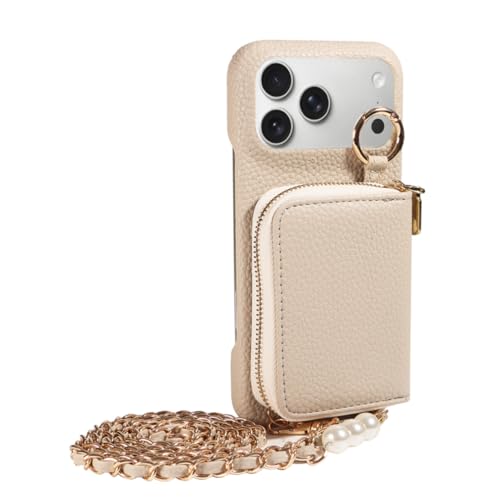 Étui portefeuille iPhone 12 Mini beige avec bandoulière cuir PU
