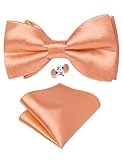 DiBanGu Mens Coral Bow Ties Solid Color Ajustable Pre-tied Bowtie and Pocket Square Cufflinks Set Formal Light Orange Tuxedo Bowties for Wedding Party