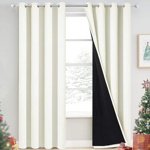 Image of Yakamok Cream 100% Blackout Curtains 90 Inches Long for Bedroom 52 inch Wide | Blackout Curtain Panels for Bedroom, 2 Thick Layers Grommet Top Thermal Insulated Drapes with Black Liner for Living Room