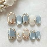 Square Press on Nails Short Fake Nails with 3D Gold Silvery Flowers Design Glitter Blue French False Nails Glossy Acrylic Glue on Nails Full Cover Spring Floral Stick on Nails for Women 30Pcs