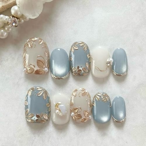 Square Press on Nails Short Fake Nails with 3D Gold Silvery Flowers Design Glitter Blue French False Nails Glossy Acrylic Glue on Nails Full Cover Spring Floral Stick on Nails for Women 30Pcs