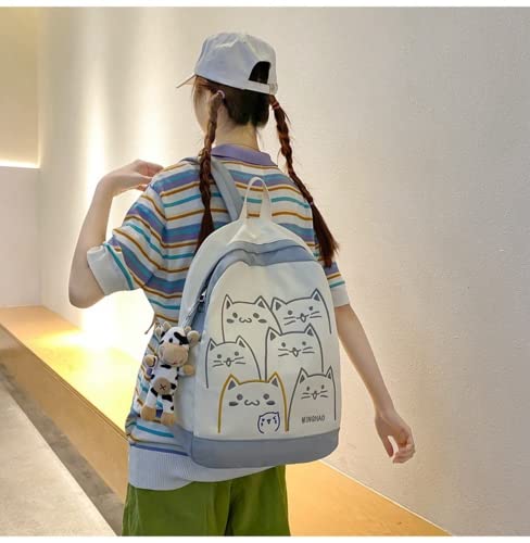 Mochila Kawaii Gato Anime Estética Fofa com Pingente de Vaca Animal Gatinho Meow Bolsa de Livro Mate
