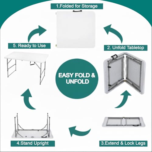 Image of 5Ft Folding Table, Portable Table for Home Office, Multipurpose Picnic Table with Carrying Handle,100kg Load Capacity Outdoor Camping & Study Desk (150x74x70cm,White)