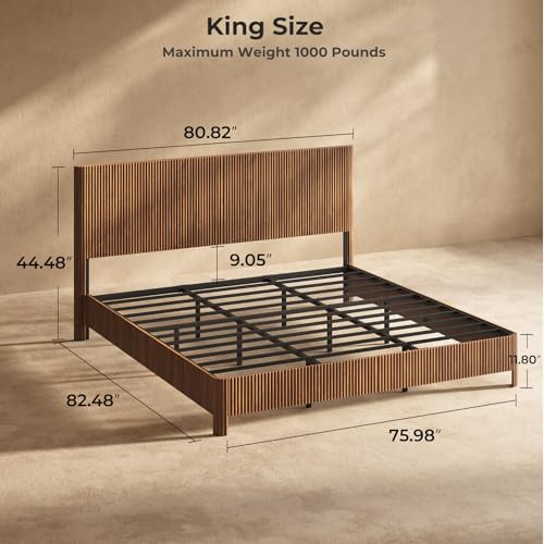 Image of Evermagin Walnut King Bed Frame with Headboard, Mid Century Modern Fluted Platform Bed, Boho Wooden Bed Base No Box Spring Needed, Wavy Grooved Panel
