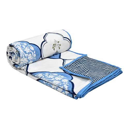 Image of BLOCKS OF INDIA 100% Cotton Dohar King Size Reversible Hand Block Printed Malmal Summer Dohar /Blanket (MUGHAL Blue)