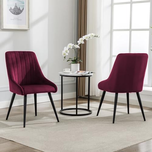 Image of Finch Fox Morris Velvet Dining Chair for Living Room, Bedroom, Home Office with Black Metal Legs in Dark Pink Color (Set of 4)
