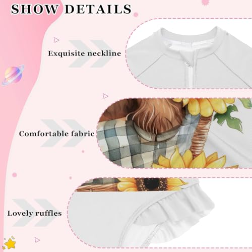 Cute Highland Cow Sunflowers Basket Girls Long Sleeve Swimsuit Rashguard Swimwear One Piece Bathing Suit 212202183