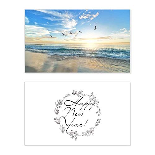 Tarjeta conmemorativa de Año Nuevo Ocean Sand Beach con diseño de paisaje marino