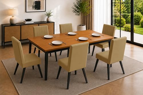 Image of Rosebell 6 Seater Dining Table Set with Cushioned Chairs | Modern Dining Table for Home, Dining Room & Kitchen | Black Metal Legs | Golden