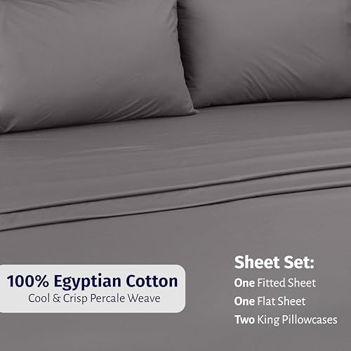 Image of California Design Den King Size Sheets Set Cotton - Certified 100% Egyptian Cotton King Size Percale Sheets Set with Deep Pockets, Lightweight, Crisp, Durable Luxury Bedding - Grey