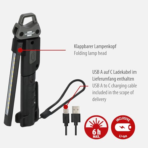 Brennenstuhl Lampada A Led A Batteria Hl 400 Ac/Led Da Officina Con Batteria Integrata (400 Lm, 3 Sorgenti Luminose Personalizzabili, Pieghevole, Durata Massima 6 Ore, Cavo Di Ricarica Usb C Incluso - 3