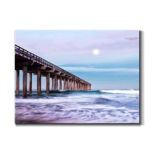 Renditions Gallery Moon Setting Over Scripps Pier Wall Art, Calming Ocean Waves, Colorful Beach ArtworkPremium Gallery Wrapped Canvas Décor, Ready to Hang, 8 in H x 12 in W, Made in America Print