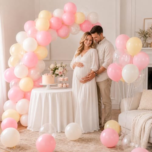 Image of Pink and Yellow Balloons, 12 Inch Pastel Balloon for Bridal Baby Shower | Baby Light Pink Yellow Ivory Clear Transparent Balloons Helium Latex Balloon for Wedding Anniversary Bee Bear Themed Party