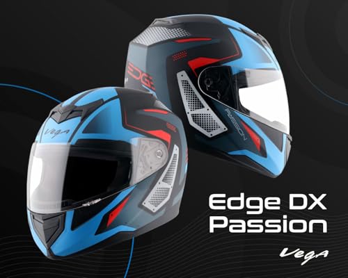 Image of Vega Edge DX Passion Full Face Motorcycle Helmet with Matte Shell, Shock Absorbing Liner, Comfortable Interior, Ventilated Fit, Aerodynamic Build, and Trendy Dull Black Blue Finish Dull Black Blue-L
