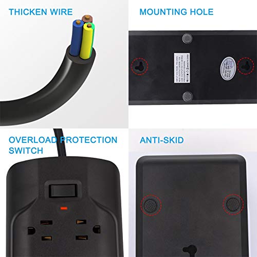 10Ft 2 Prong Power Strip 3Meters Extension Cord, Polarized 2 Prong To 3 Prong Outlet Adapter With 5V 3.4A Usb,700J Surge Protector, Wall Mountable, Ideal For Non-Grounded Outlets, Black #TOP4