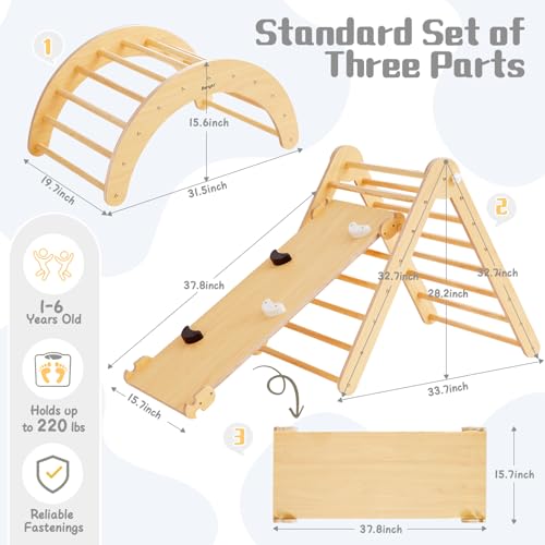 Beright 4 in 1 Pikler Triangle Set Upgraded, Foldable Toddler Climbing Toys Indoor Playground, Montessori Learning Toys, Kids Indoor Gym with with Arch, Ramp, Learning Waldorf Toy, Black&White