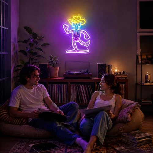 Image of Purple&Yellow Neon Sign Led Neon Lights Signs for Wall Decor USB Powered Led Signs for Room Decoration-Cowboy Skeleton
