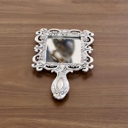 Image of KridayKraft Beautifully Vintage Hand Mirror, Carved Square Shape Gold Plating Metal Hand Mirror for Makeup, Travelling, Ornate Victorian Style & Decorative Antique Item