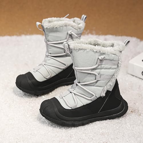 Snow Boots Kids Cozy Faux Fu𝐫 Anti-Slip Snow Boots Lac𝐞 Up Booties For Cold Weather Black Lac𝐞 Up Boots For Girls2