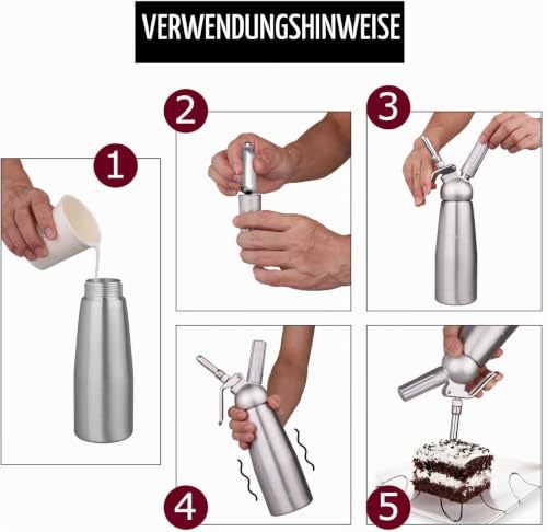 Foto von Qdreclod Edelstahl Sahnespender 500ML Sahnespender mit Patrone Schlagsahnebereiter mit 3 Edelstahl tüllen 1 Reinigungsbürsten Profi Sahnesyphon aus Aluminium