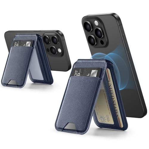 Image of ESR Magnetic Wallet, Compatible with MagSafe, for iPhone with Adjustable Stand, 3 Card Holder, Vegan Leather, Dark Blue