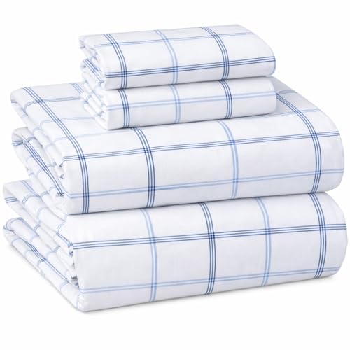 Image of Briarwood Home Printed Flannel Sheet Set, 100% Organic Cotton, Six-Fold Brushed, Super Soft, Warm, Deep Pocket Bedding with NanoTech Infuse for Enhanced Lasting Strength (Classic Blue Plaid, Queen)