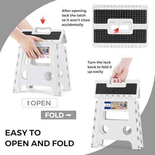 Image of ACKO Folding Step Stool - 13 inch Height Premium Heavy Duty Step Stools for Adults and Kids, Upgrade Step Stool Kitchen Garden Bathroom Stepping Stool (White)