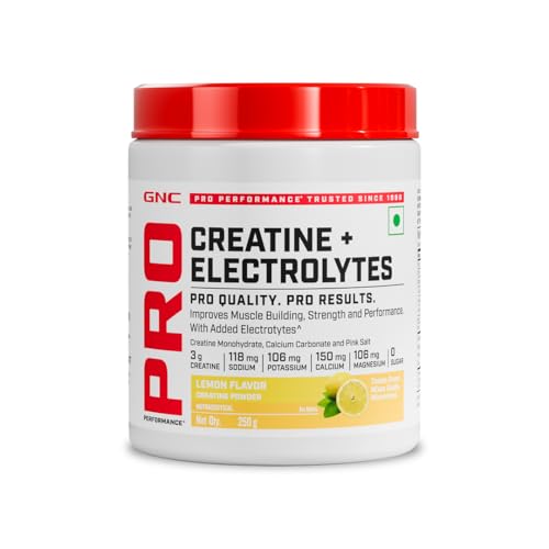 Image of GNC Creatine+ Electrolytes | 3g Creatine Monohydrate + Sodium, Potassium, Calcium, Magnesium | Boosts Muscle Growth, Hydration, Energy & Recovery | Zero Sugar | 100% Veg | 250g | Lemon