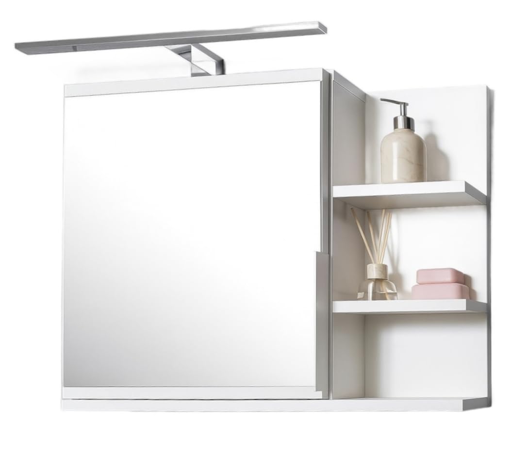Mobiletto a specchio 60x50 bianco, per il bagno con mensole, specchio da bagno, mobiletto sospeso - da parete, LAMPADA LED - Destra