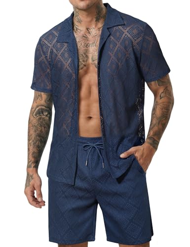 KENQOLA Mens 2 Piece Short Set Summer Outfits Festival Sexy Shirt and...