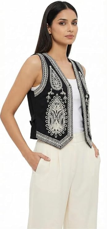 snowera essential Women’s Embroidered Boho Vest - Sleeveless Open Front Waistcoat, Vintage Floral Cropped Jacket for Casual & Festival Wear (Multisize)-picture-31