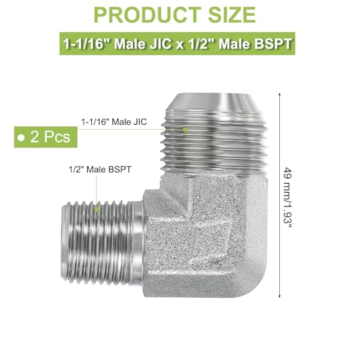 Image of PATIKIL 90 Degree Pipe Adapter, 2 Pcs 1-1 /16 inch Male 37 Flare JIC x 1 /2 inch BSPT Male Connector Carbon Steel Elbow Fitting for Air Hydraulic Fluid Fuel Water Oil, Silver