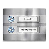 Metzler Türklingel - 2-fach Klingelplatte aus Edelstahl - Namensschild austauschbar - mit LED-Taster und Beleuchtung (optional) (Namensschild ohne Beleuchtung, LED-Taster Blau)
